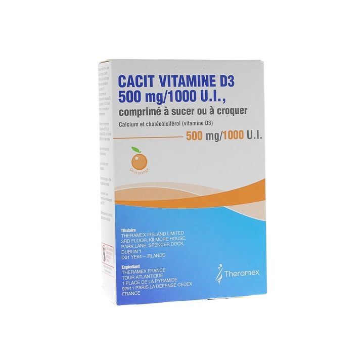 Cacit Vitamine D3 500 mg/1000 UI - boîte de 30 comprimés à croquer ou sucer