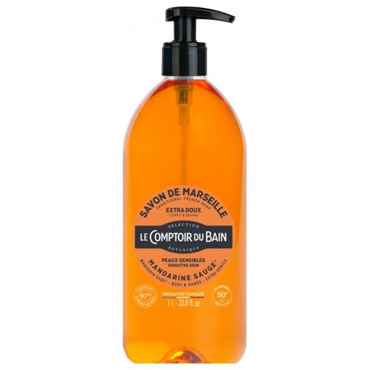 Savon de marseille liquide mandarine sauge Le Comptoir du Bain - flacon-pompe de 1L