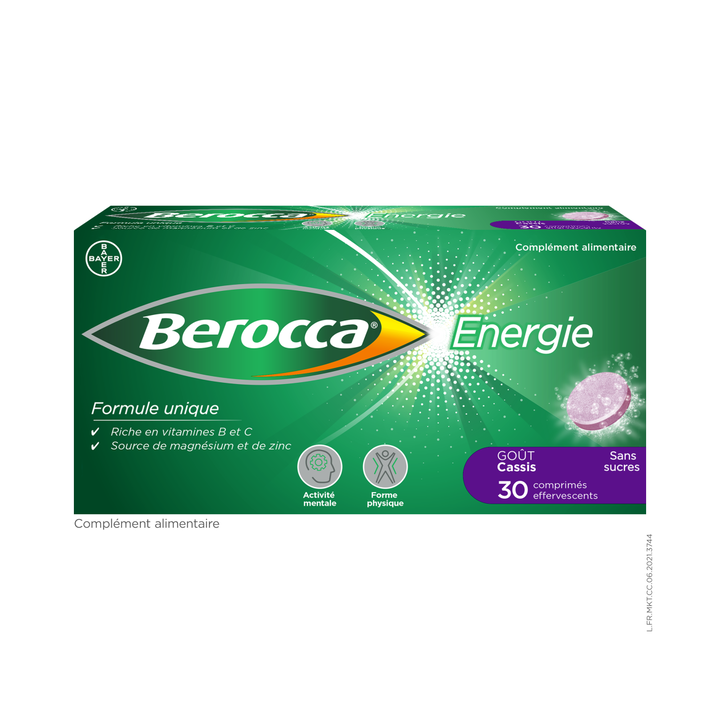 Berocca Energie Cassis Vitamine B et C, magnésium et Zinc 30 comprimés effervescents