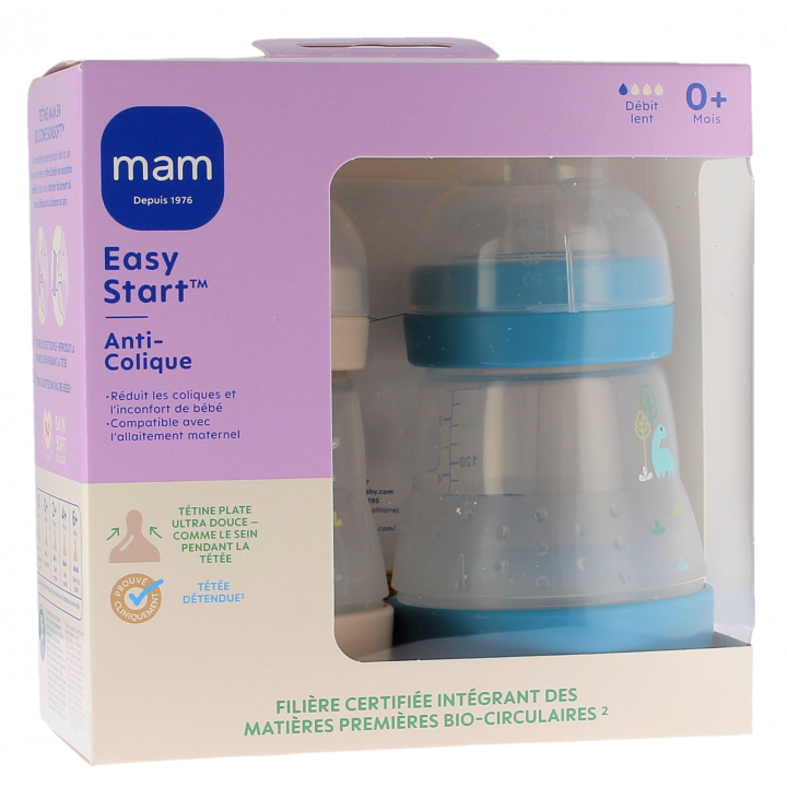 Biberon Easy Start anti-colique 0 Mois et + Débit lent bleu océan et sable Mam - lot de 2 biberons de 160ml