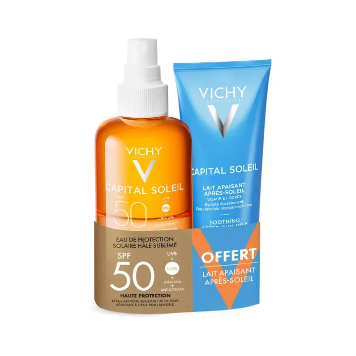 Capital soleil eau de protection solaire hâle sublimé SPF 50 Vichy - spray de 200ml + lait après soleil 100ml offert