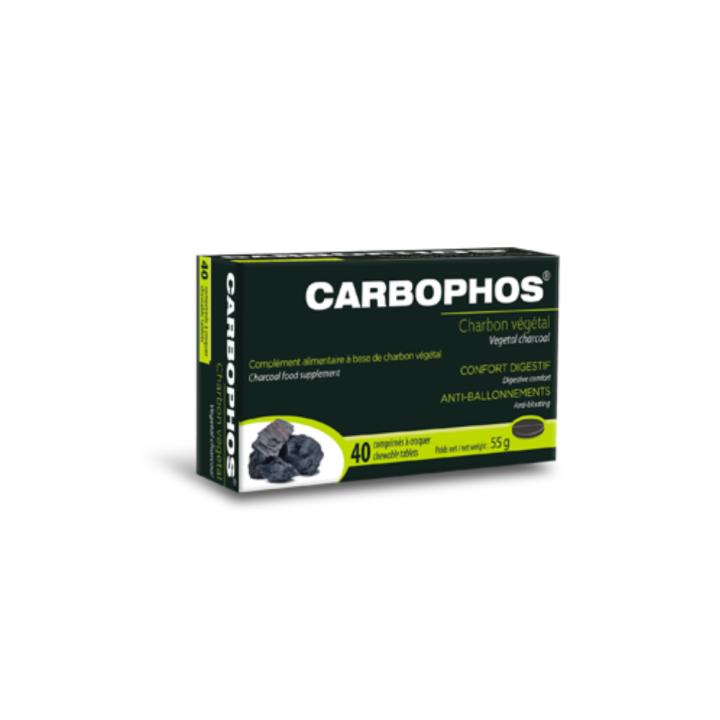 Carbophos 1200mg charbon végétal activé - boite de 40 comprimés à croquer