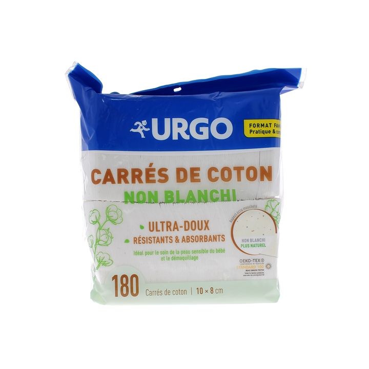 Carrés de coton non blanchi 10 x 8 cm Urgo - sachet de 180 carrés