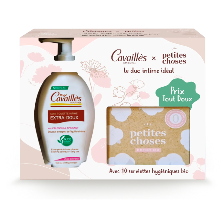 Coffret intime Les petites choses Rogé Cavaillès - coffret soin toilette intime extra-doux 250ml + 10 serviettes hygiéniques bio