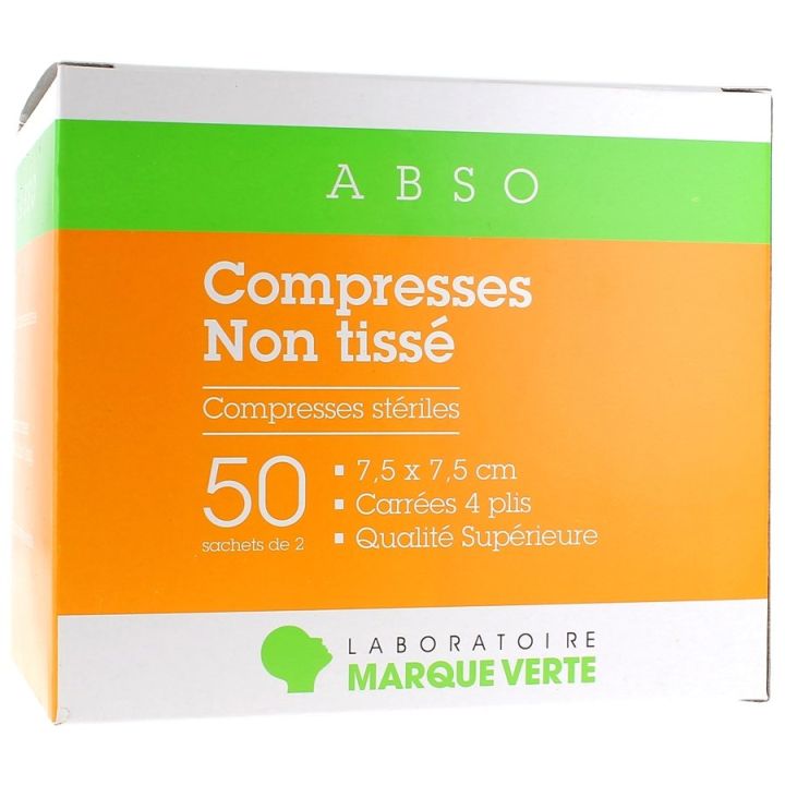 Compresses stériles non tissé Marque Verte - boîte de 50 sachets de 2 compresses de 7,5x7,5cm