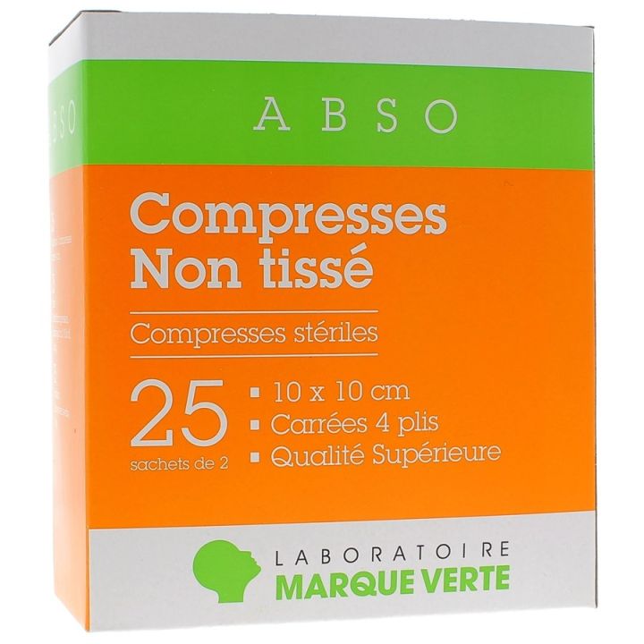 Compresses stériles non tissé Marque Verte - boîte de 25 sachets de 2 compresses de 10x10cm