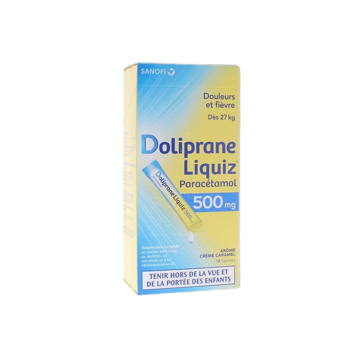 Doliprane Liquiz 500mg sans sucre suspension buvable arôme crème caramel - boîte de 12 sachets