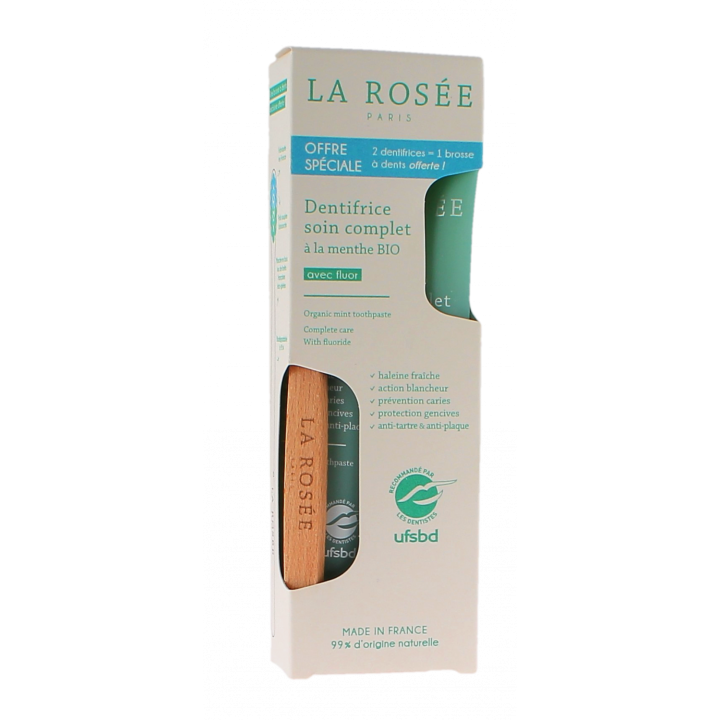 Dentifrice soin complet à la menthe bio La Rosée - lot de 2 tubes de 75ml + une brosse à dent