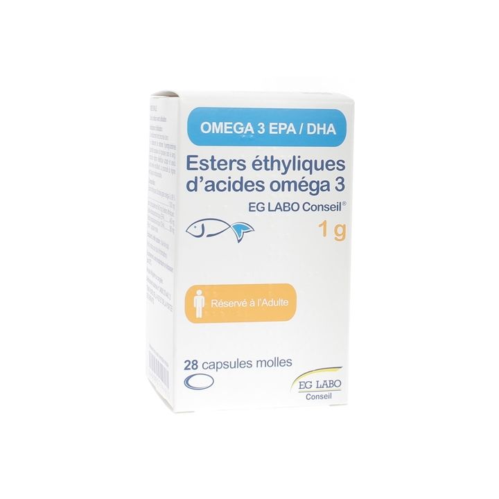 Omega 3 esters ethyliques d'acides 1g EG Labo Conseil - flacon de 28 capsules molles