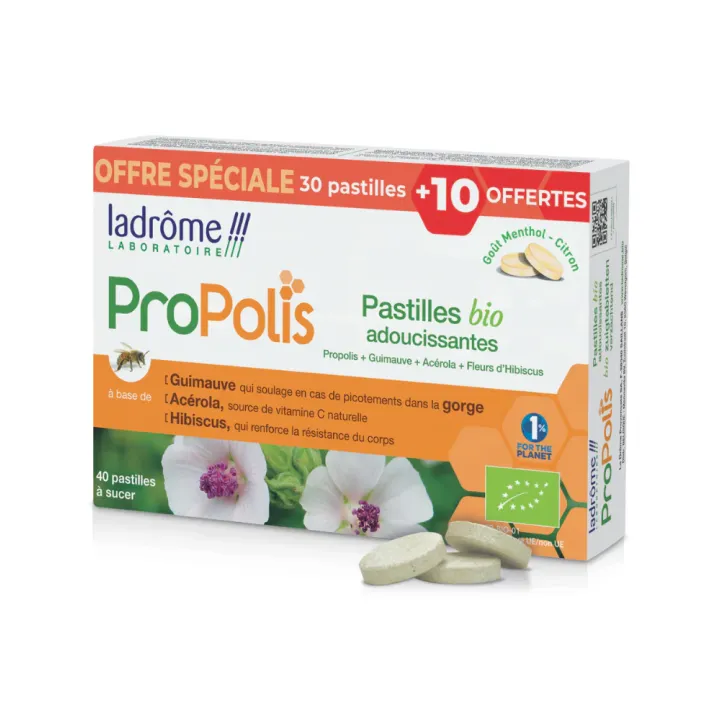 Pastilles adoucissantes à la propolis BIO Ladrôme - boite de 30 pastilles + 10 offfertes