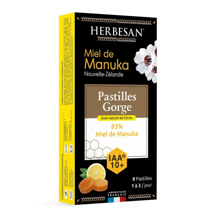 Pastilles gorge miel de manuka IAA10+ citron Herbesan - boîte de 8 pastilles