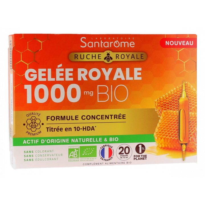 Gelée royale 1000mg bio Santarome - boîte de 20 ampoules de 10ml