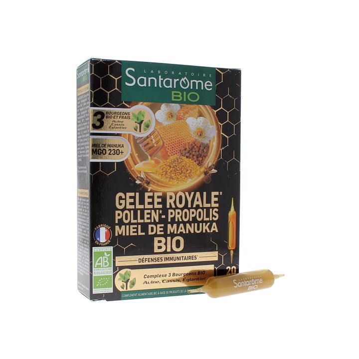 Gelée royale pollen propolis miel de Manuka bio Santarome - boîte de 20 ampoules