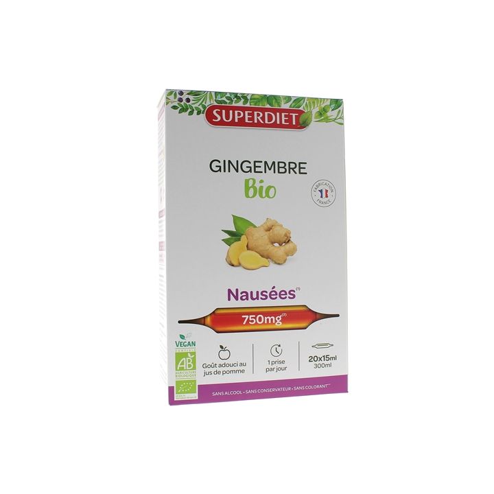 Gingembre bio Nausées, mal des transports SuperDiet - boîte de 20 ampoules de 15ml