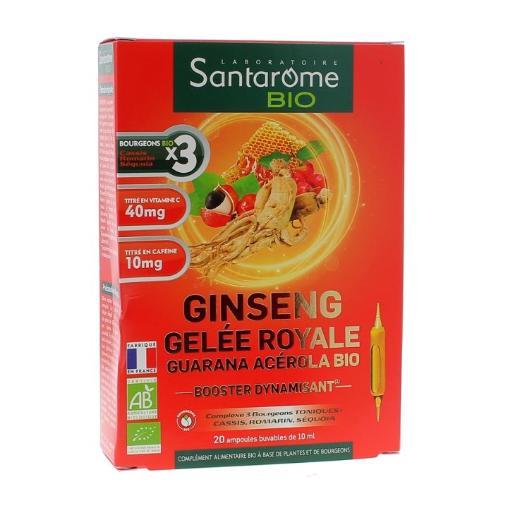 Ginseng gelée royale Guarana Acérola Santarome Bio - 20 ampoules