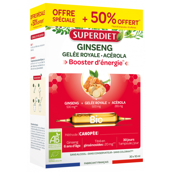 Ginseng gelée royale et acérola Bio Super Diet - boite de 20 ampoules + 10 ampoules offertes