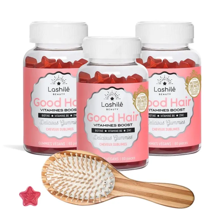 Good hair vitamines boost Lashilé Beauty - coffret de 3 pots + brosse en bambou offerte