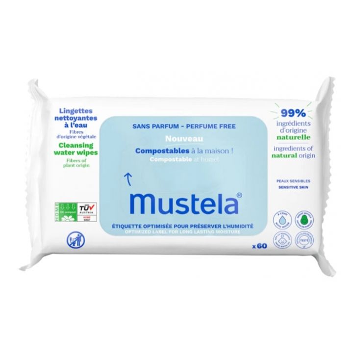 Lingettes nettoyantes compostables sans parfum Mustela - sachet de 60 lingettes