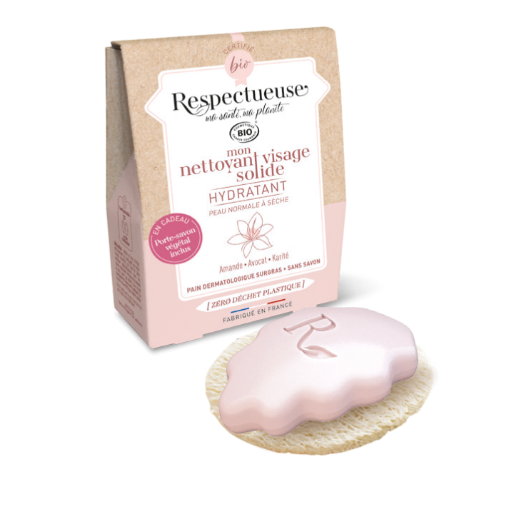 Mon nettoyant visage solide hydratant bio Respectueuse - pain de 35g + porte-savon végétal offert