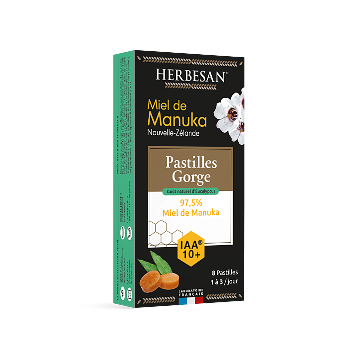 Pastilles gorge miel de manuka IAA10+ eucalyptus Herbesan - boîte de 8 pastilles