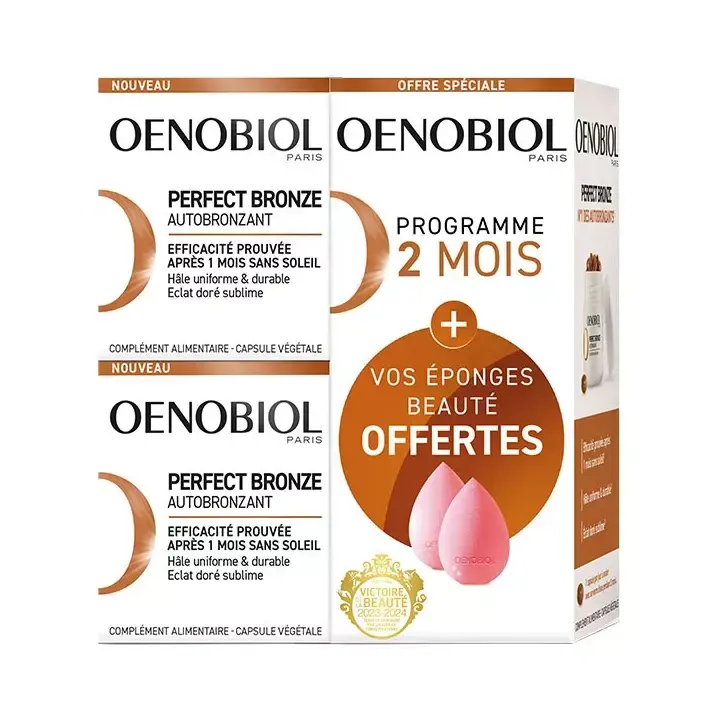 Perfect bronze autobronzant Oenobiol - lot de 2 boites de 30 gélules + 2 éponges offertes