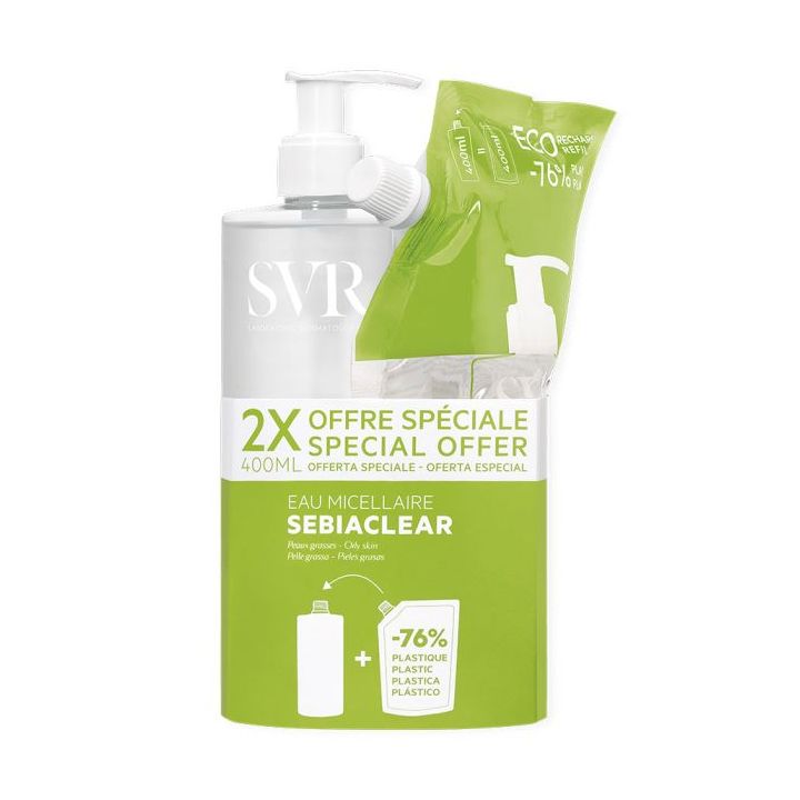 Sebiaclear Eau micellaire SVR - lot d'un flacon de 400 ml + une recharge de 400ml