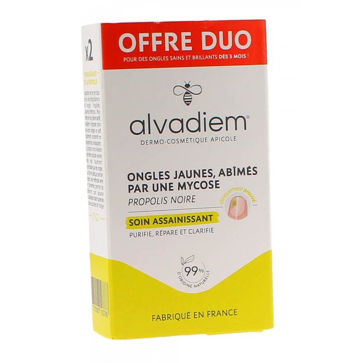 Soin assainissant ongles jaunes, abîmés, fragilisés par une mycose Alvadiem - lot de 2 tubes pinceaux de 10ml