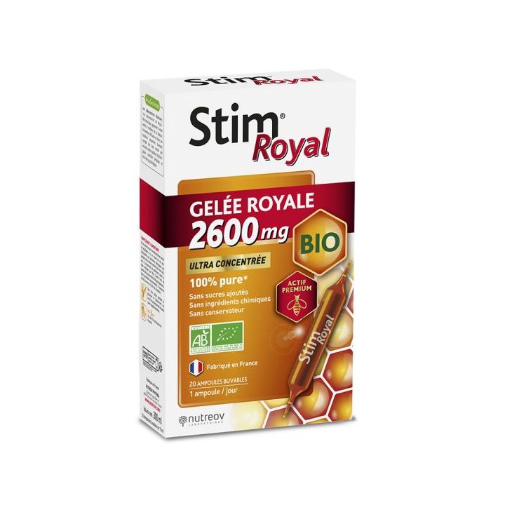 Stim Royal Gelée royale 2600 mg bio Nutreov - boîte de 20 ampoules