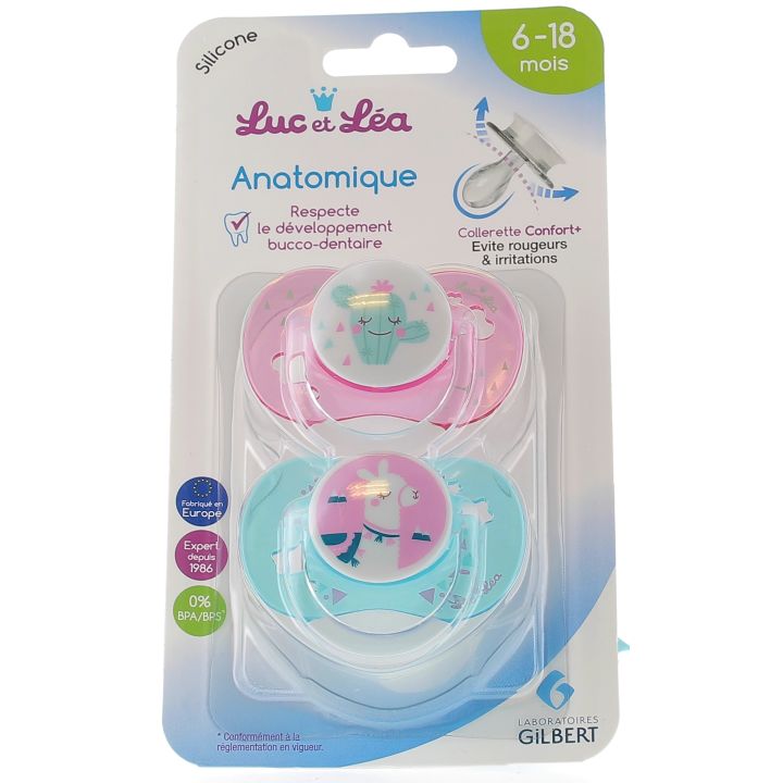 Sucettes Silicone Anatomiques avec anneau 6-18 mois modèle Arc-en-ciel et Licorne Luc et Léa - 2 sucettes