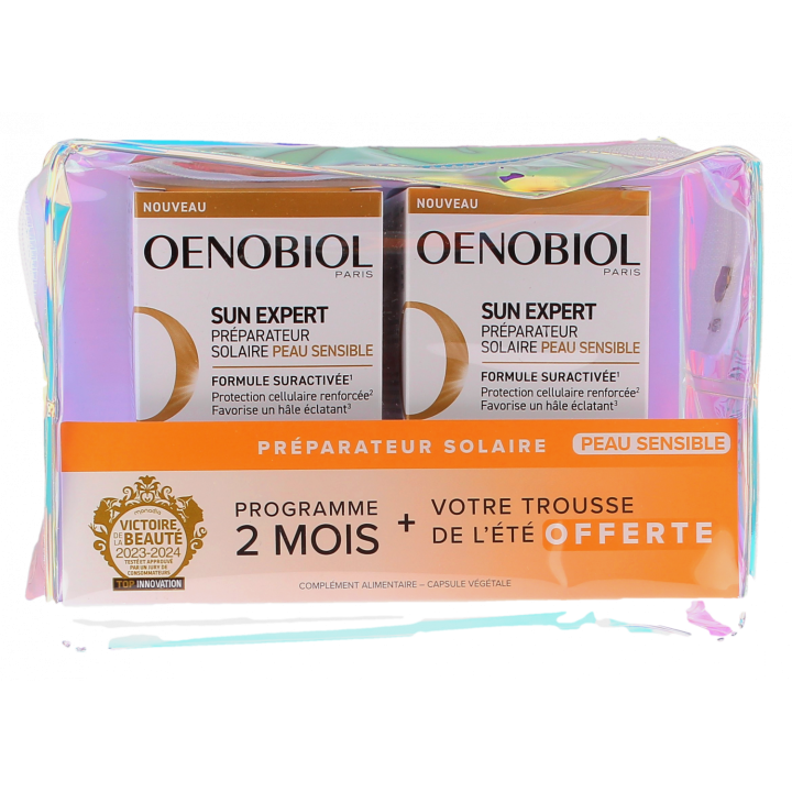 Sun Expert préparateur solaire peau sensible Oenobiol - 2 pots de 30 capsules + trousse offerte