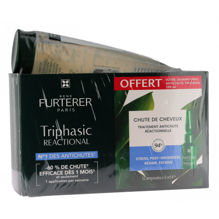 Triphasic Reactional chute de cheveux René Furterer - boite de 12 ampoules + shampooing 100ml offert