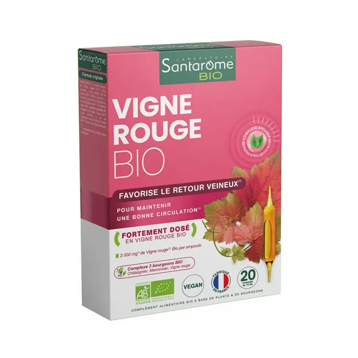 Vigne rouge bio favorise le retour veineux Santarome - boite de 20 ampoules