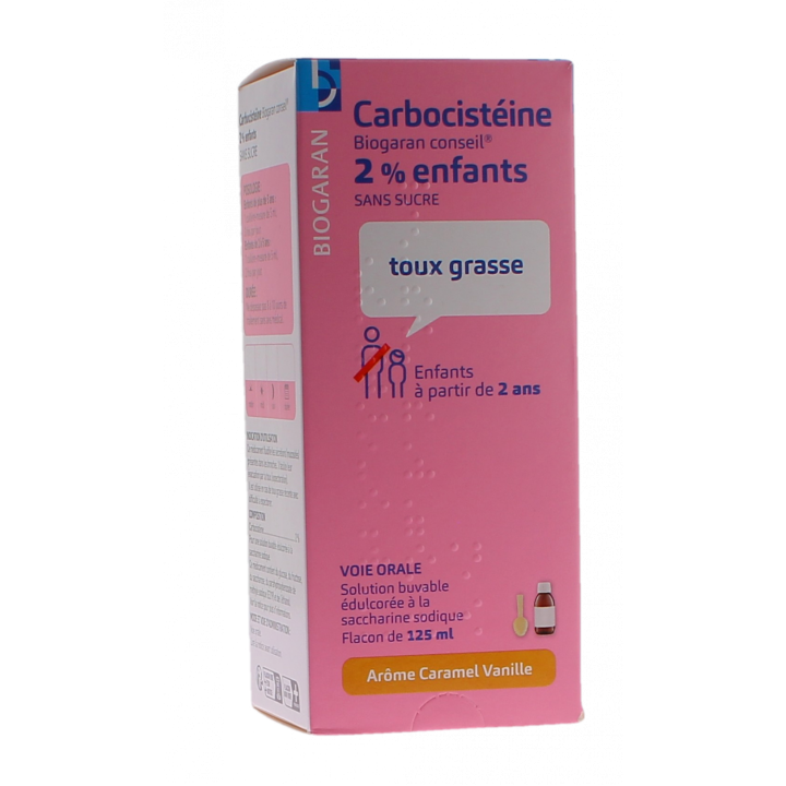 Carbocistéine Biogaran 2% enfants sans sucre - flacon de 125ml