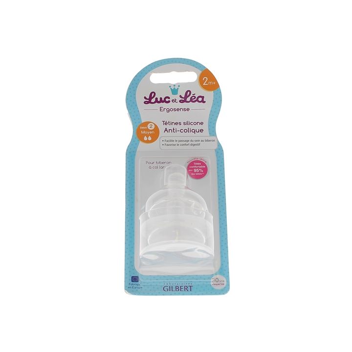 Tétines silicone anti-colique 2 mois+ débit moyen Luc et Léa - 2 tétines