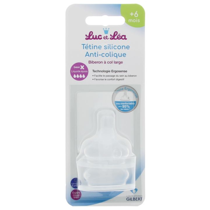 Tétines silicone anti-colique 6mois + débit liquide épais Luc et Léa - 2 tétines