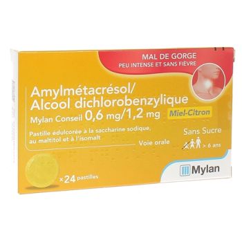 Amylmetacresol / Alcool Dichlorobenzylique miel citron Mylan Conseil  - boîte de 24 pastilles