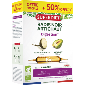 Radis noir / Artichaut bio Super Diet - boîte de 30 ampoules de 15 ml offre spéciale +50% offert