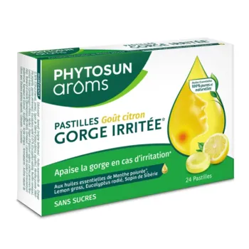 Pastilles gorge irritée sans sucre arôme citron Phytosun arôms - boite de 24 pastilles