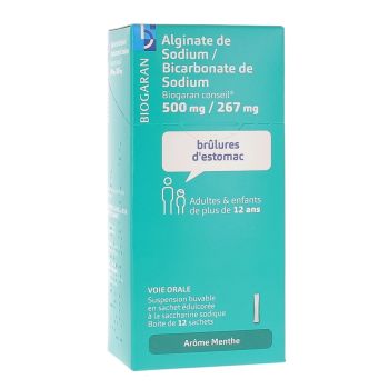 Alginate de Sodium/Bicarbonate de Sodium Biogaran 500 mg/267 mg - boîte de 12 sachets menthe sans sucre