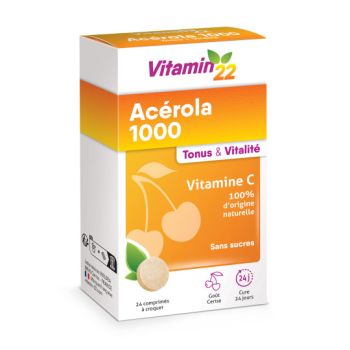 Vitamin 22 Acérola 1000 goût cerise Ineldea - boite de 64 comprimés à croquer