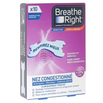 Bandelettes nasales sensitive Breathe Right - boite de 10 bandelettes transparentes