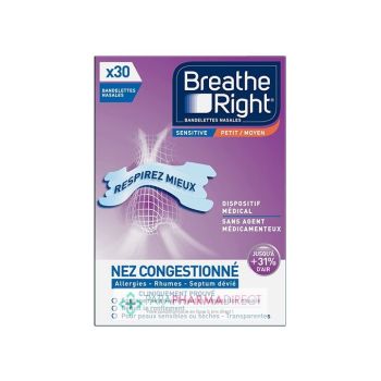 Bandelettes nasales sensitive Breathe Right - boite de 30 bandelettes transparentes