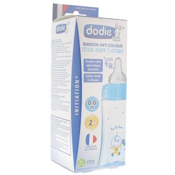 Biberon bleu anti-colique tétine ronde 3 vitesses 0-6 mois Dodie - 1 biberon de 270 ml