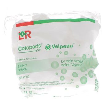 Carré de coton cotopads 5x5 cm Velpeau - sachet de 500 cotons