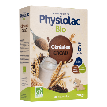 Physiolac Céréales bio cacao dès 6 mois Gilbert - boite de 200 g