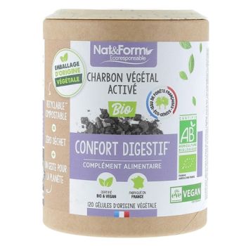 Charbon végétal activé bio confort digestif Nat&Form - boîte de 120 gélules