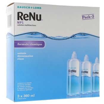 ReNu MPS Solution multifonctions formule classique Bausch Lomb - lot de 3 flacons de 360 ml + 3 étuis à lentilles