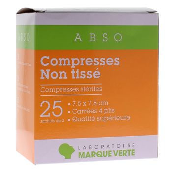 Compresses non tissé 7,5x7,5cm Marque Verte - boîte de 25 sachets de 2 compresses