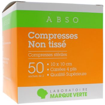 Compresses stériles non tissé Marque Verte - boîte de 50 sachets de 2 compresses de 10x10cm