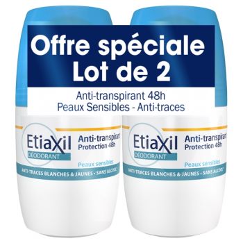 Déodorant anti-transpiration 48h peaux sensibles Etiaxil - lot de 2 roll-on de 50 ml